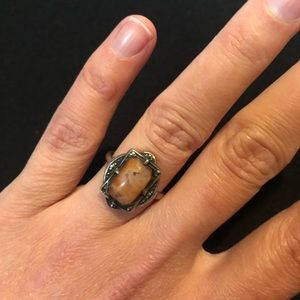 Vintage moss agate and marcasite silver ring